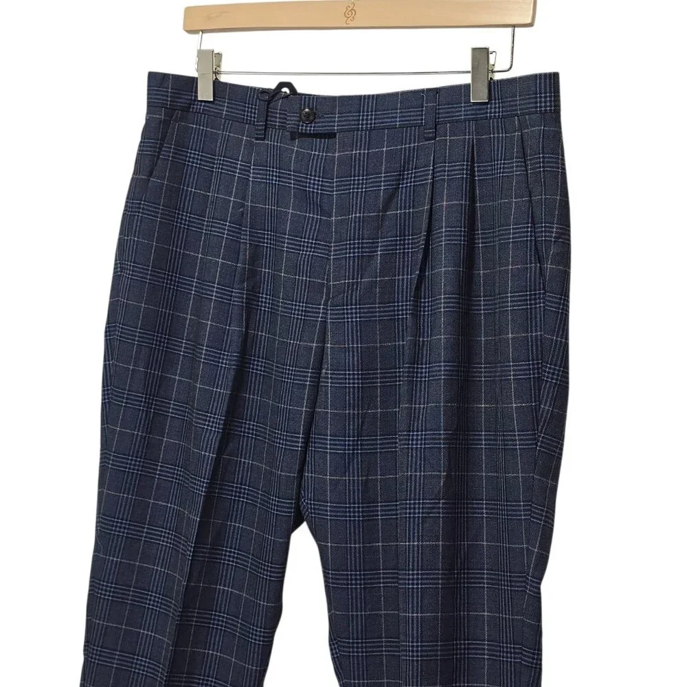 Harry Brown London Slim Fit Navy Blue Check Windowpane Suit Pants Men's 32x30